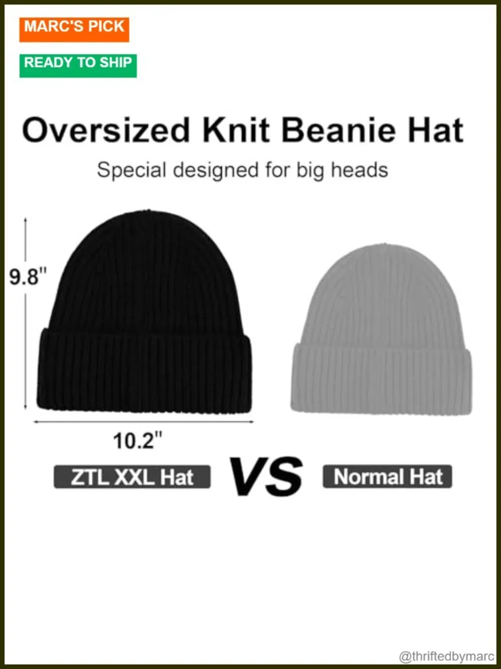XL/XXL Merino Wool Beanie Fleece Lined Large Winter Hat